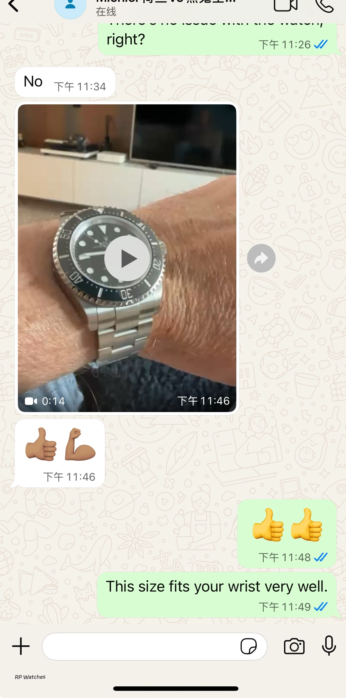 Conversa WhatsApp - Cliente satisfeito com relógio